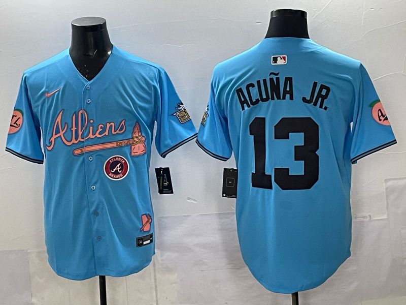 Men Atlanta Braves Nike 13 Acuna jr Light blue 5th generation Joint Name 2025 MLB Jersey 09